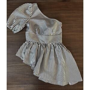 NBD Blouse Top Womens XS Black White Stripe One Shoulder Puff Sleeve Peplum